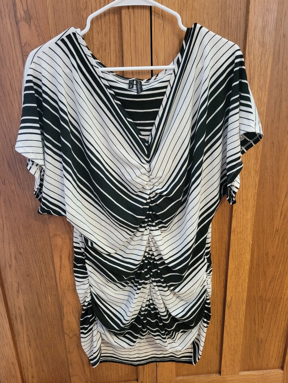 Maurices Y2k Black & White Striped V-Neck Ruched T-shirt Mini Dress